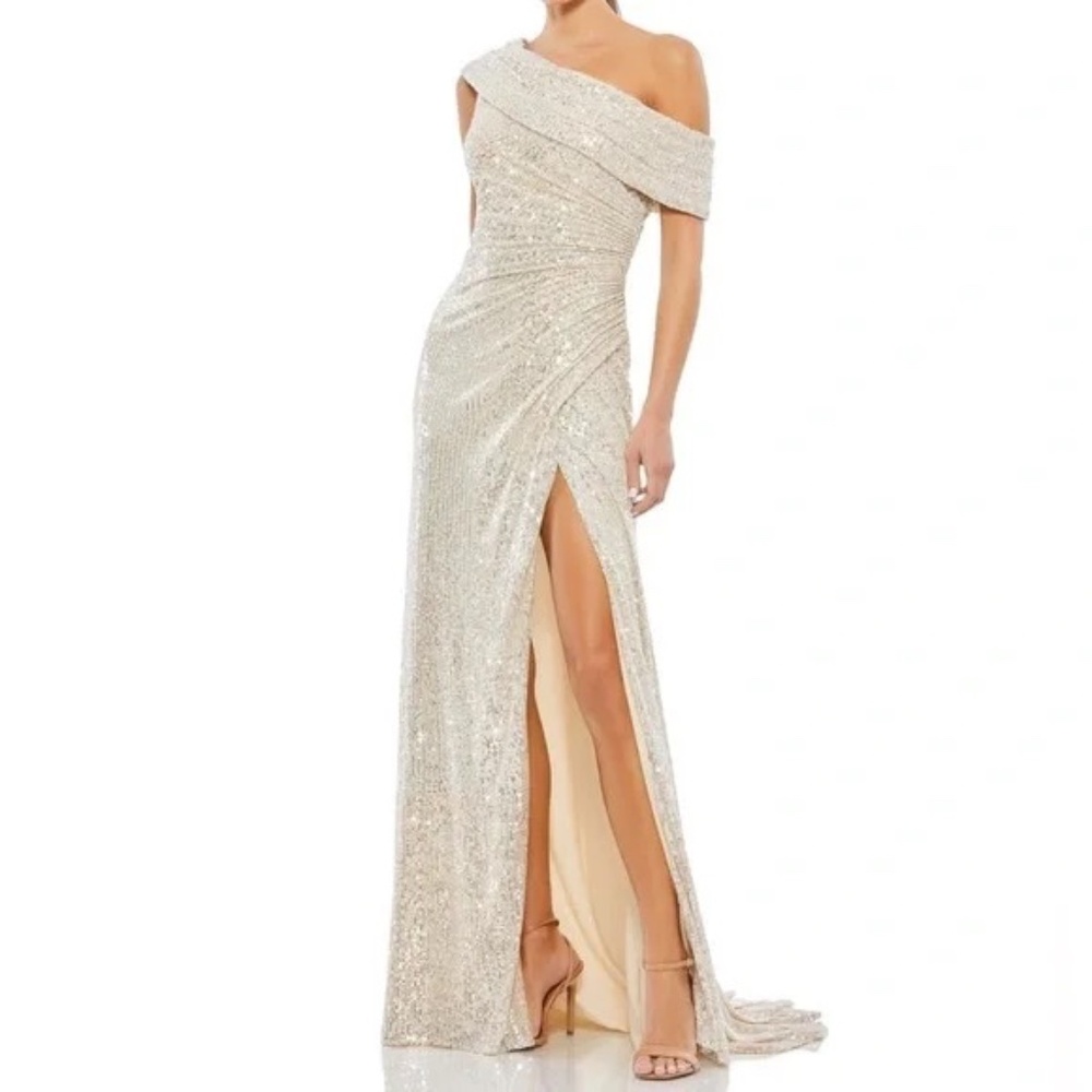 NWT Mac Duggal Champagne Sequin One Shoulder Ruched Gown Dress 26550
